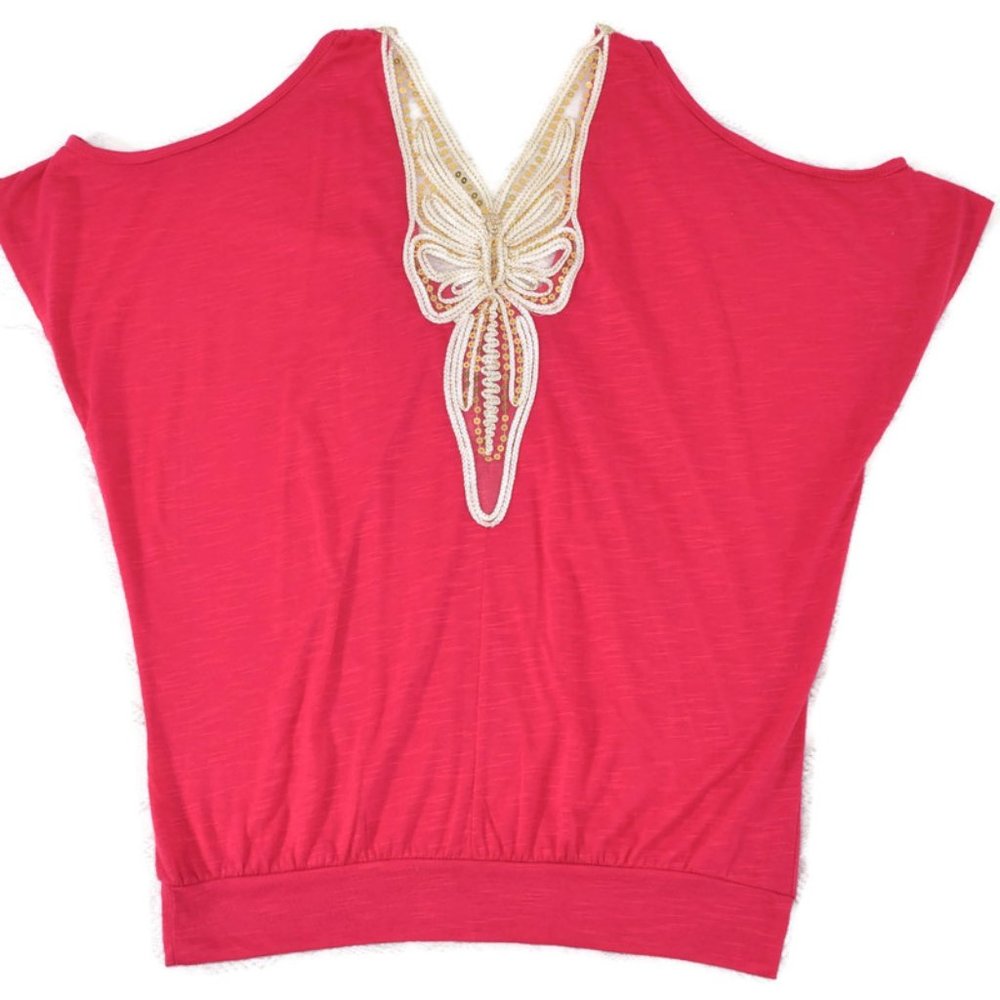 Y2k L8ter Butterfly Cold Shoulder V-Neck Top Blouse Fuchsia Pink Gold Sequin M